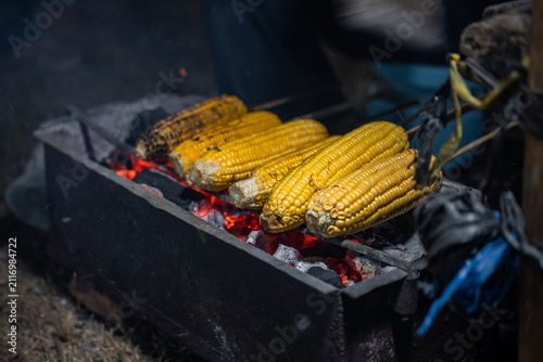 Grilled Corn On The Cob Over Charcoal Grill Street Food Barbecue Summer Snack