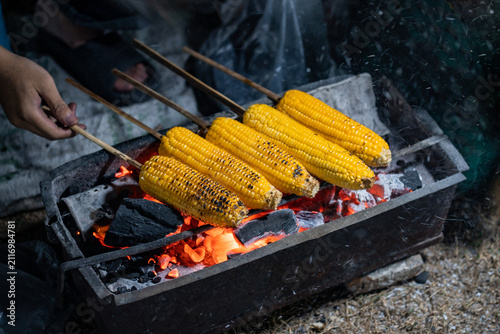 Grilled Corn On The Cob Over Charcoal Grill Street Food Barbecue Summer Snack