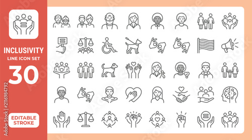 Inclusivity and diversity line icons. Social equality and human rights vector set.