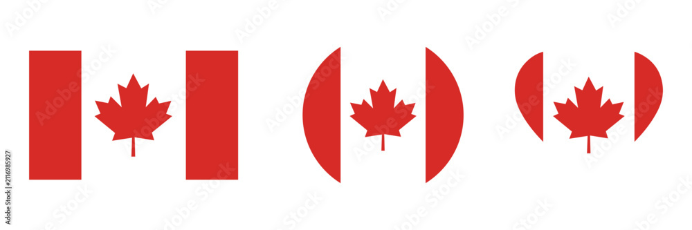 Fototapeta premium Canada Flag Vector Set with Red Maple Leaf in Circle, Square, Ribbon and Wave Shapes for National and Travel Design