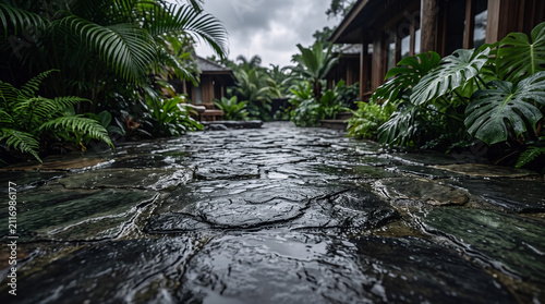 Rainy stone path in a tropical resort. Wet garden walkway surrounded by lush green foliage.