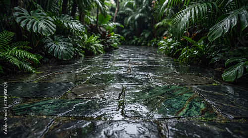 Rainy stone path in tropical jungle. Wet cobblestone walkway surrounded by lush green plants.