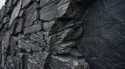 Close-up of textured black slate stone surface. Natural dark rock background for design or architecture projects.