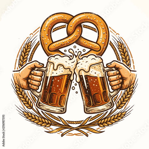 Oktoberfest Vintage Emblem with Clinking Beer Mugs, Pretzel, and Wheat Frame