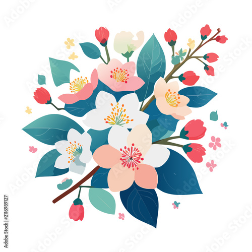 Cherry blossom branch with flowers and leaves vector illustration