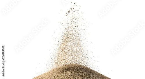 Pile of fine sand pouring down forming a conical heap isolated on a transparent background for design and texture overlays
