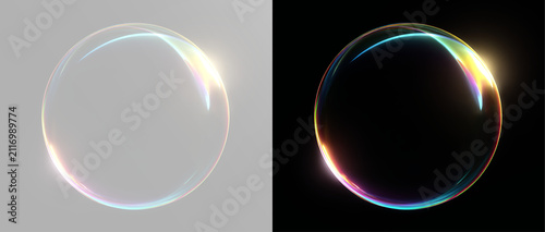 Rainbow bubble with transparent soap surface, vibrant colors, glossy reflections and bright light glow