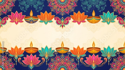 Diwali banner with traditional diya lamps and colorful lotus flowers