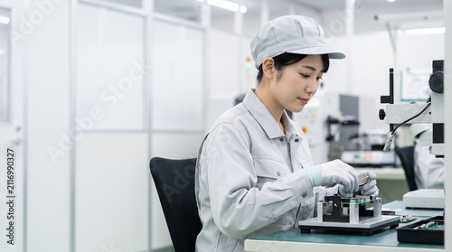 電子機器製造の設備内で電子基板組立と精密組立を担当する日本人女性の製造技術者