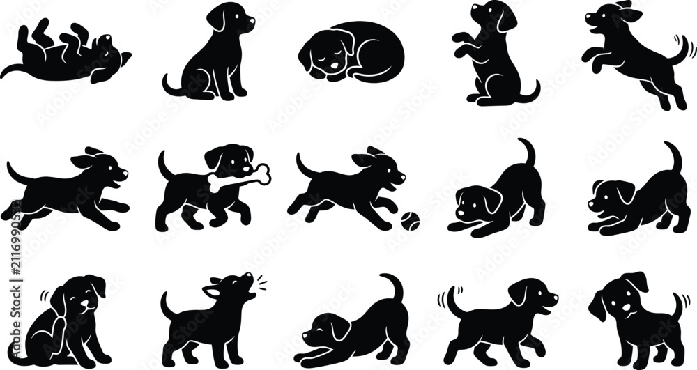 Fototapeta premium A collection of black silhouettes featuring various playful puppies in different poses and activities on white background