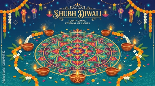 Shubh diwali celebration banner with colorful mandala and diya lamps