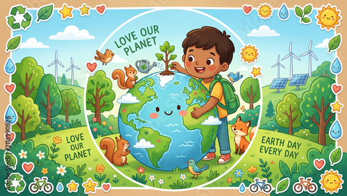 Happy Child Hugging Earth Love Our Planet Environmental Awareness Illustration