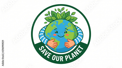 Save Our Planet Badge with Child Hugging Earth Eco Awareness Icon