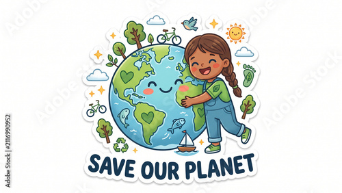 Happy Child Hugging Smiling Earth Save Our Planet Concept