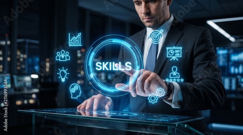 Mastering Skills with Digital Interface: A businessman in a suit interacts with a futuristic digital display, showcasing icons representing various skills and professional development.