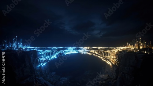 Futuristic bridge connecting two glowing cities at night with bright traffic lights