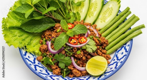 Authentic Thai Larb Moo Spicy Minced Pork Salad with Fresh Vegetables.