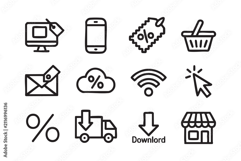 Fototapeta premium Ecommerce Retail Interface Line Icons Set with Shopping Basket Mobile App and Discount Symbols