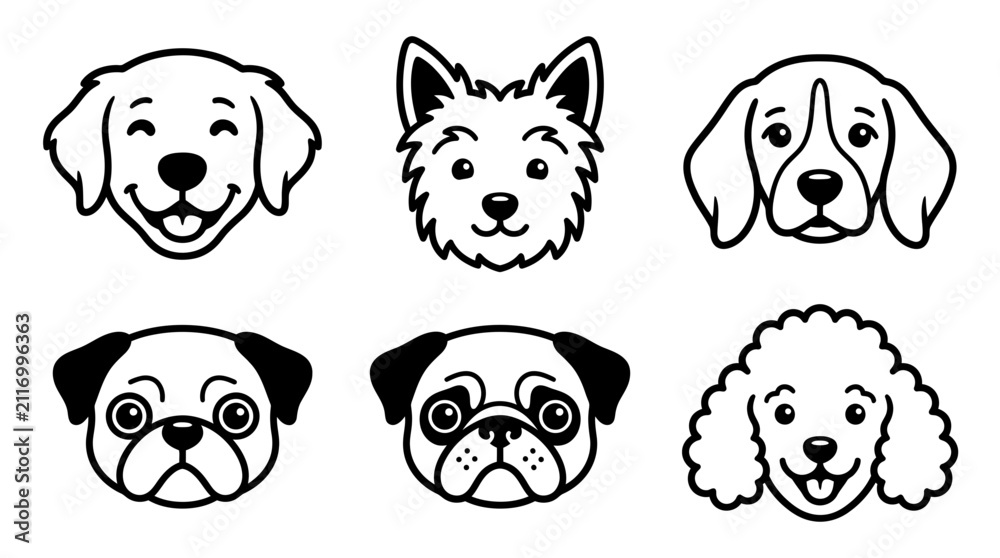 Obraz premium Set of Black Ink Dog Face Vector Icons Featuring Various Popular Pet Breeds