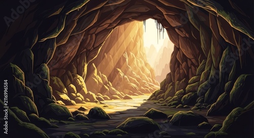 Mysterious Cave Entrance Illuminated by Golden Sunlight.
