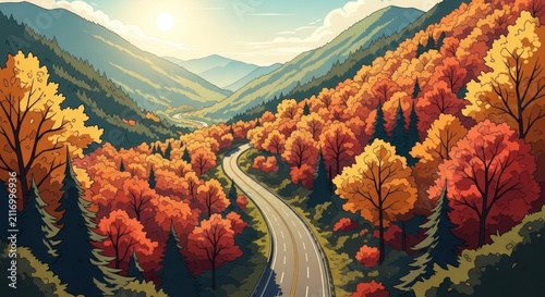 Scenic Autumn Mountain Road Winding Through Vibrant Fall Foliage 1.