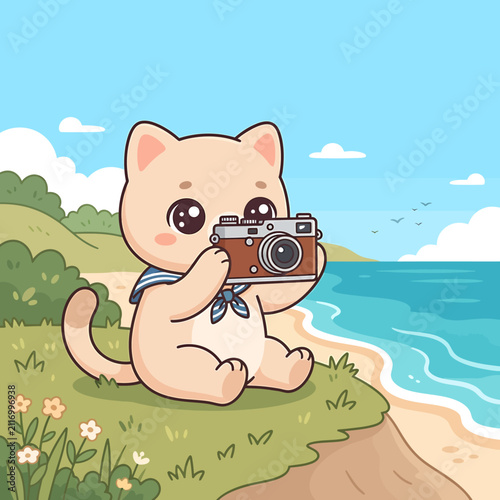 Cute cartoon cat taking a photograph with a vintage camera on a beautiful beach.