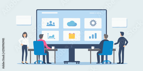 diverse team collaboration flat vector illustration people meeting conference room table chairs screen icons workplace business teamwork group discussion strategy planning professional communication