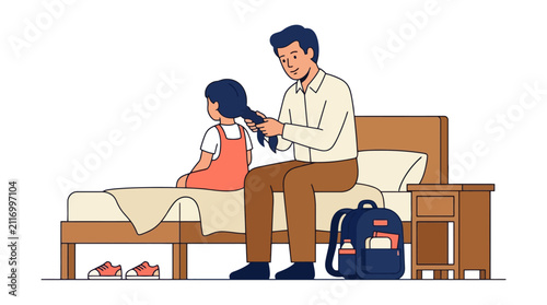 Father brushing daughter hair before school in the morning. EPS Editable. Vector Illustrations.