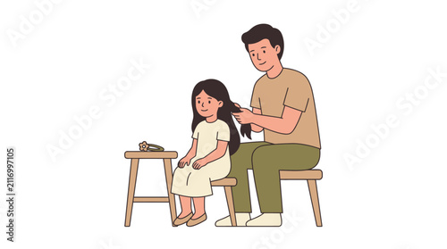 Father brushing daughter hair illustration style. EPS Editable. Vector Illustrations.