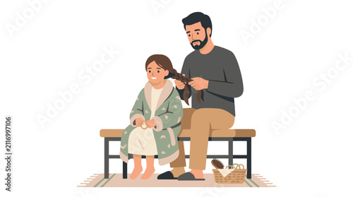 Father brushing daughter hair illustration for family bonding concept. EPS Editable. Vector Illustrations.