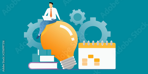 man sitting on light bulb flat vector illustration gear calendar books idea innovation business professional concept design graphic art icon symbol creativity thinking