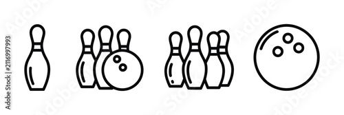 Foto Bowling pin icon with ball, alley game and sports equipment symbols