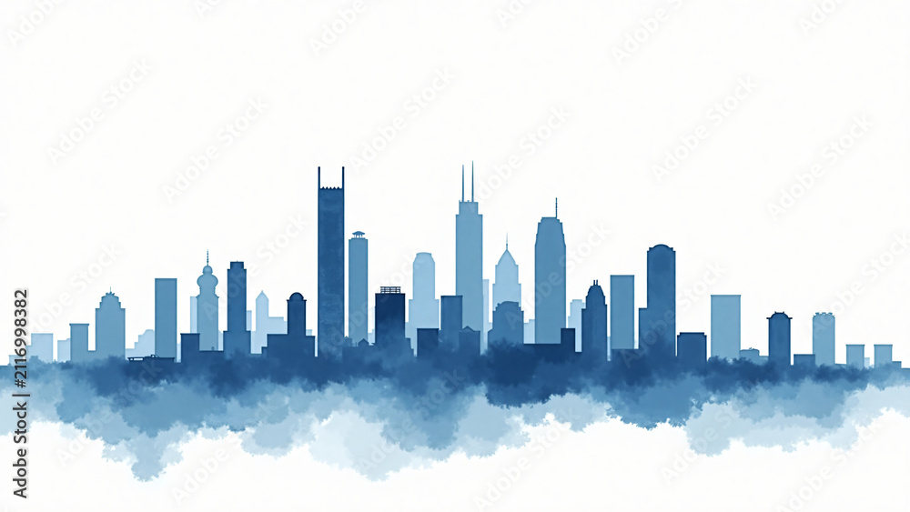 Fototapeta premium Soft blue watercolor skyline of Houston on white background with clean composition and generous copy space