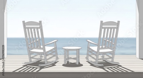 Two White Rocking Chairs on a Porch Facing the Ocean.
