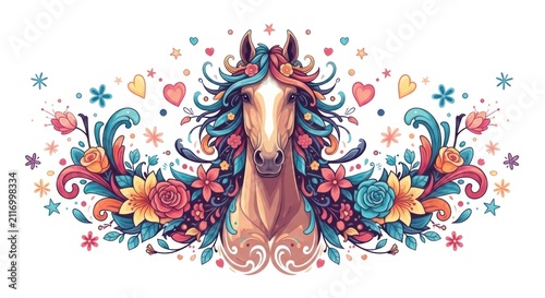 Whimsical Horse Portrait Adorned with Vibrant Flowers and Swirling Ornate Details.