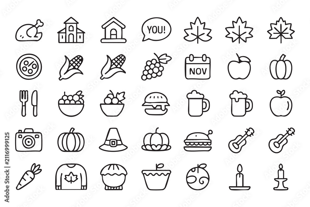Fototapeta premium Autumn Holiday Outline Icon Set Featuring Turkey Pumpkin Apple and November Calendar