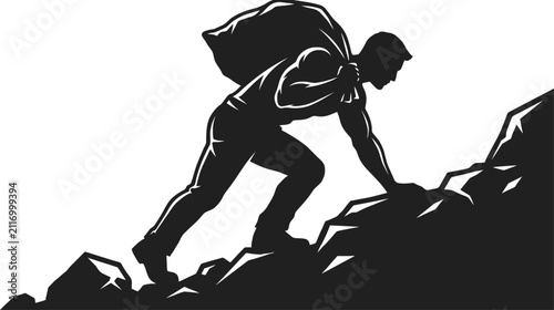 Silhouette of a determined man carrying a heavy sack while climbing a steep rocky mountain slope with graphic illustration muscular struggling carry large