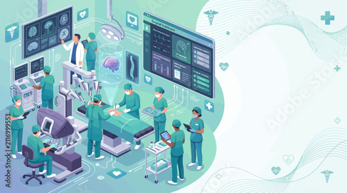 Futuristic surgical operation in a high-tech operating room with robotic equipment and medical staff