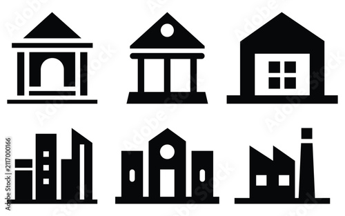 Building and Real Estate Icons Set, Modern Architecture Vector Symbols for City Infrastructure, Factory, Bank, Shop, Office, and Home Isolated on White Background