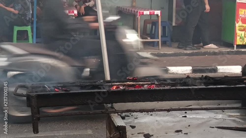 Traditional Indonesian Satay Grill Video Footage with Glowing Charcoal Fire, Skewered Meat Cooking, Street Food Barbecue, Authentic Culinary Experience