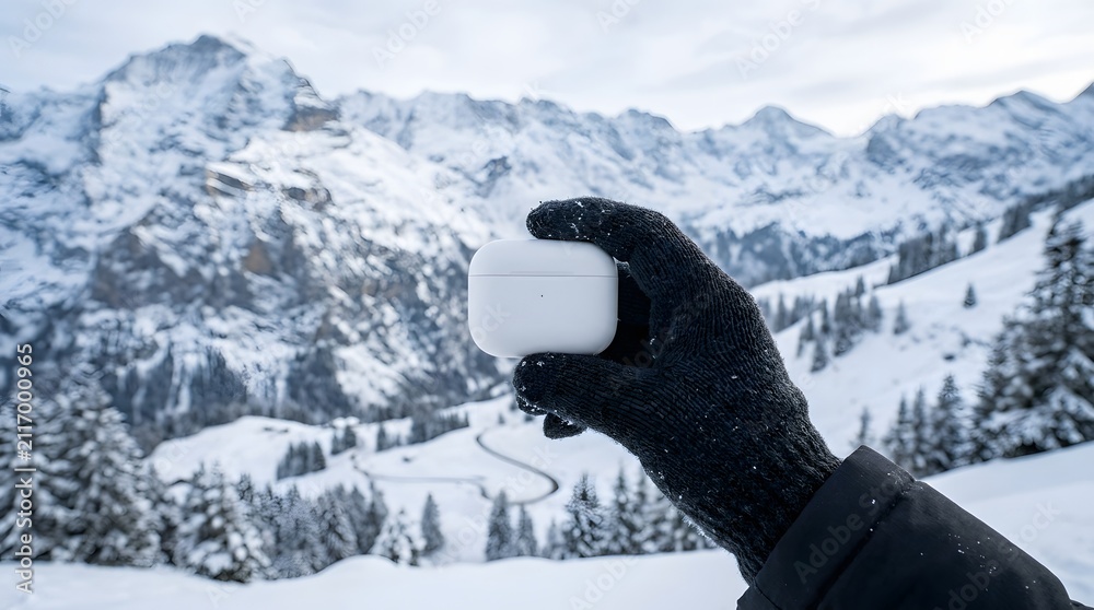 Fototapeta premium Woman holding a skincare bottle outdoors with snowy mountains, winter beauty and self-care concept.
