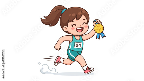 Obraz na plátně Athlete's Triumph: A joyful young female athlete, wearing bib number 24, jubilantly holds a gold medal aloft as she runs, celebrating her victory and athletic achievement