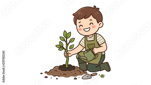 Foto Child Planting a Sapling: A happy young boy kneels in the soil, tenderly watering a small sapling he has just planted, symbolizing growth and care for nature
