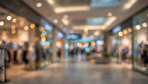 Blurred background of a modern shopping mall interior with bright lights.