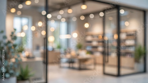 Abstract blurred background of a modern retail store interior with warm lighting.