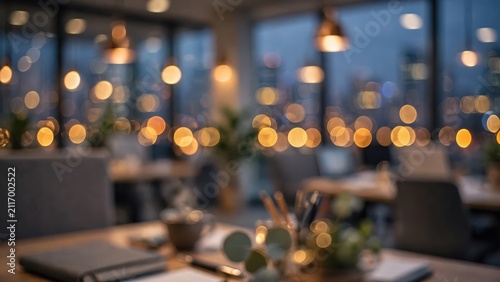Blurred modern office interior with city lights in the background at twilight.