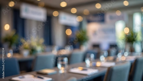 Blurred view of a modern conference room setup for a corporate business meeting.