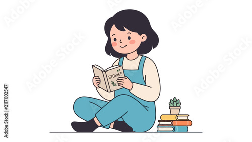 Картината върху платно Child Reading Book: A young girl with short dark hair, wearing blue overalls, sits cross-legged and engrossed in a book, a small potted plant and stack of books beside her