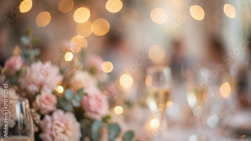 Elegant wedding table centerpiece with pink flowers and blurred champagne glasses in the background.