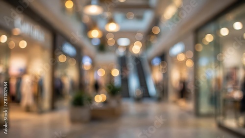 Blurred view of a modern shopping mall interior with bright lights.
